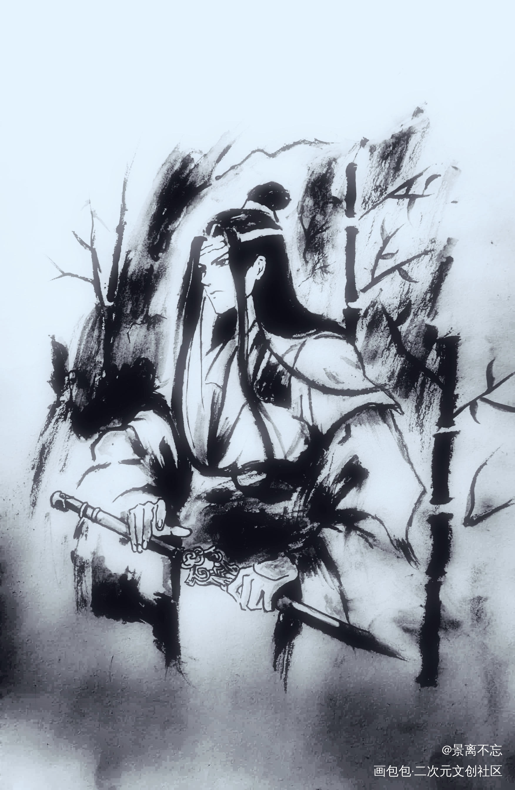 水墨风少年蓝忘机（含教程）_魔道祖师忘羡蓝忘机手绘墨香铜臭临摹绘画作品