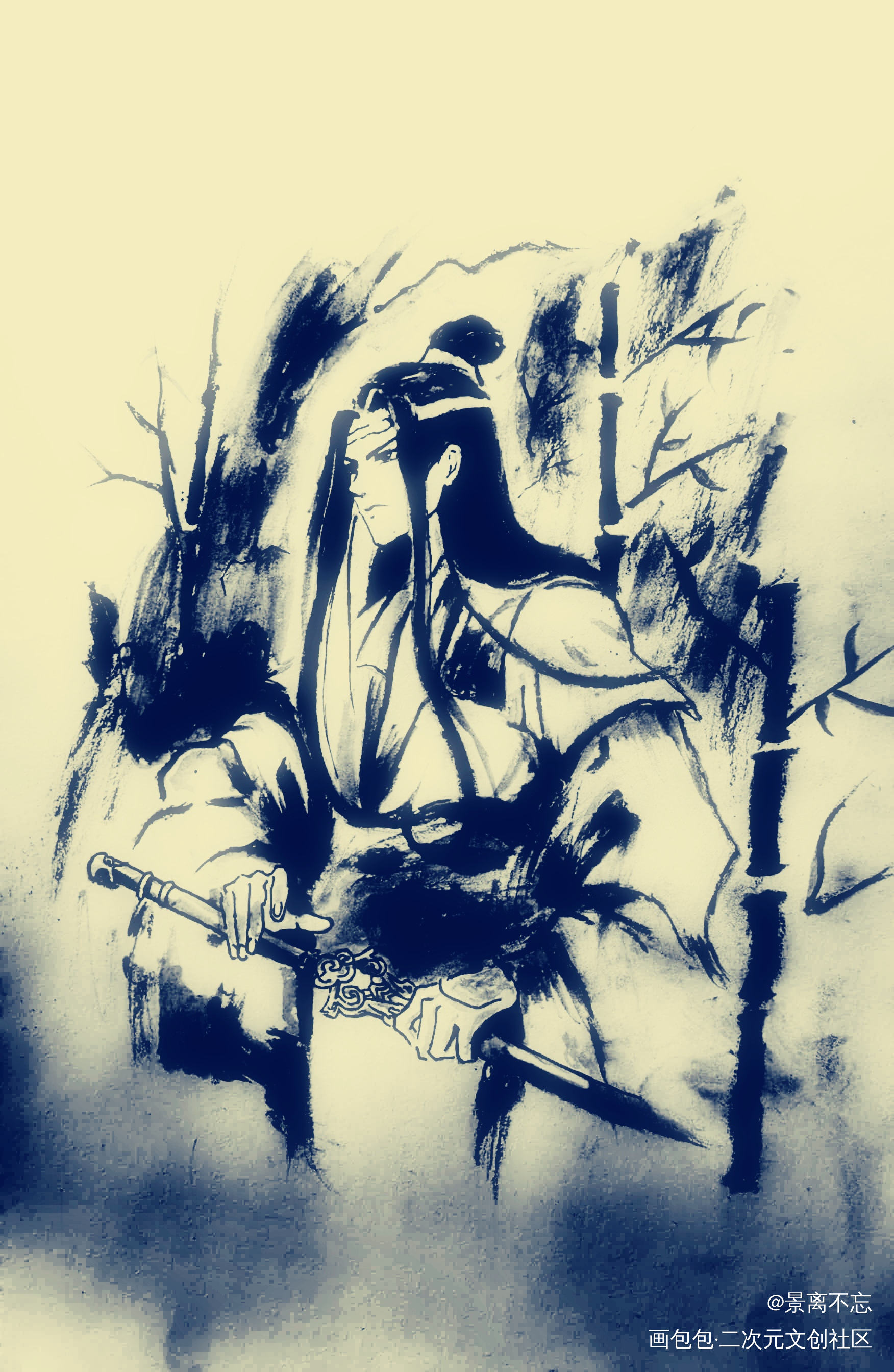 水墨风少年蓝忘机（含教程）_魔道祖师忘羡蓝忘机手绘墨香铜臭临摹绘画作品