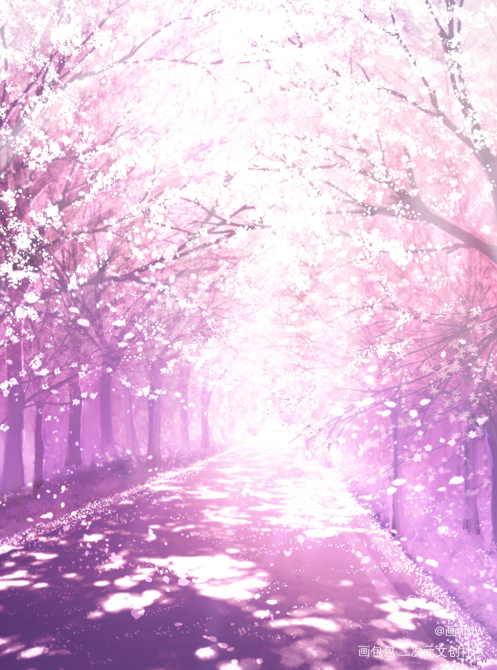 樱花の道_手绘厚涂日系插画板绘插画壁纸绘画原创绘画作品