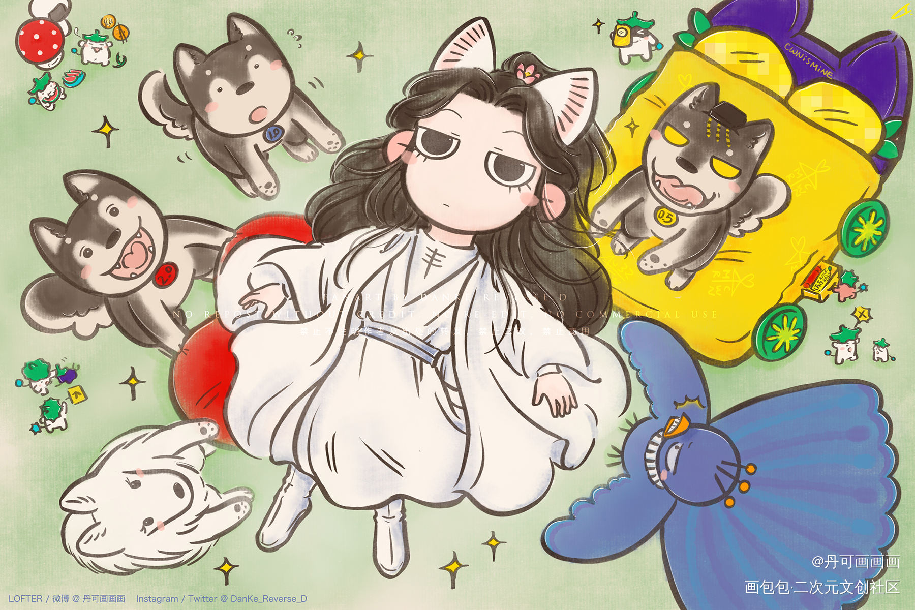【一猫三狗】天外飞来只宁猫猫～_二哈和他的白猫师尊燃晚踏仙君墨燃楚晚宁Q版同人绘画作品