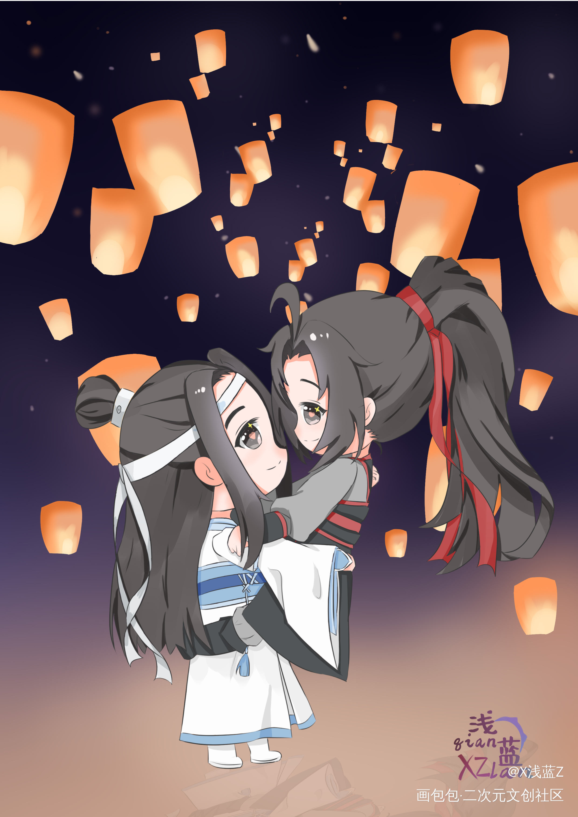 甜蜜_魔道祖师忘羡蓝忘机魏无羡Q版绘画作品