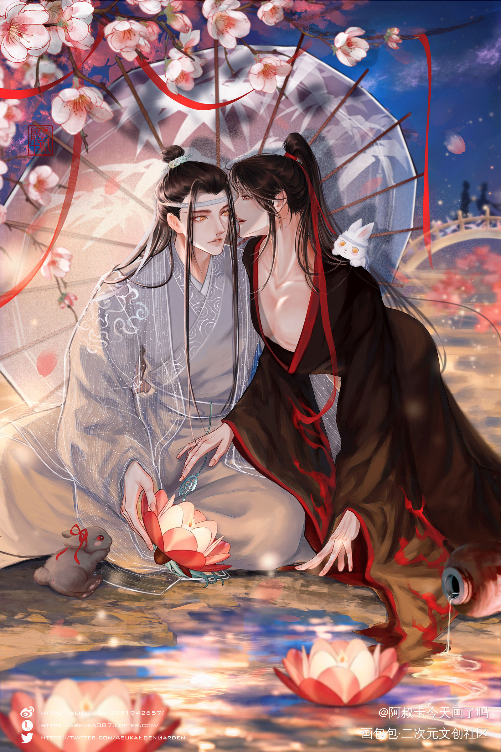 七夕放花灯_魔道祖师忘羡蓝忘机魏无羡古风墨香铜臭绘画作品