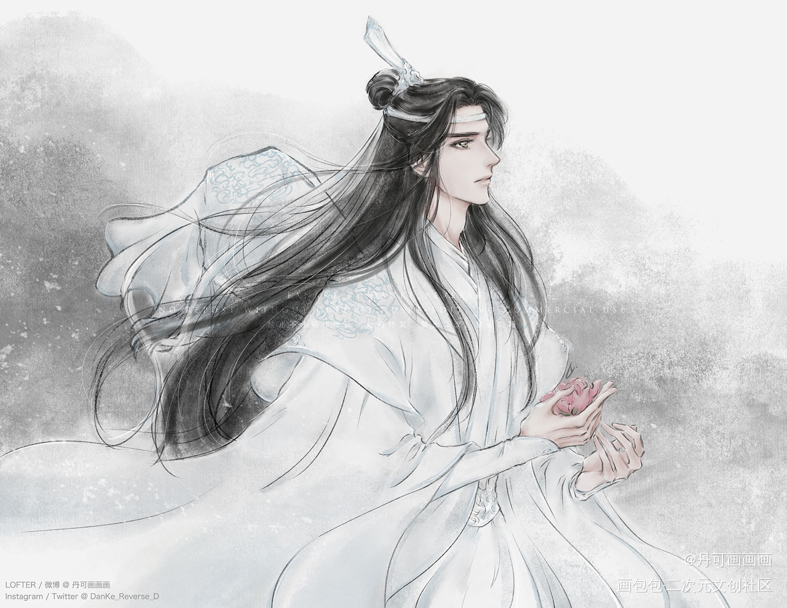 楼台抛花图凑一对儿了呢～_魔道祖师忘羡蓝忘机魏无羡水墨古风平涂同人绘画作品