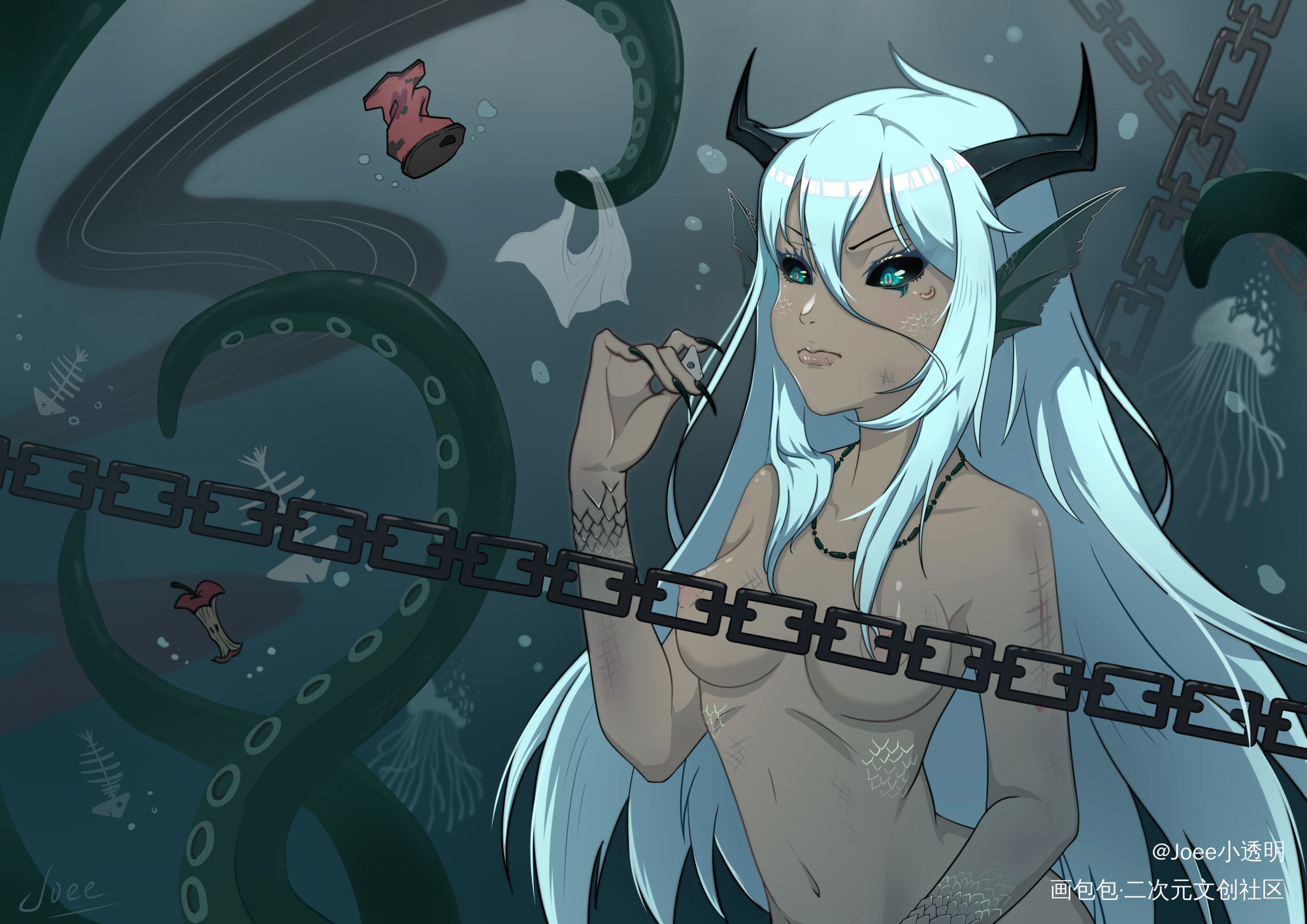 海洋少女——海妖_平涂日系插画原创绘画作品