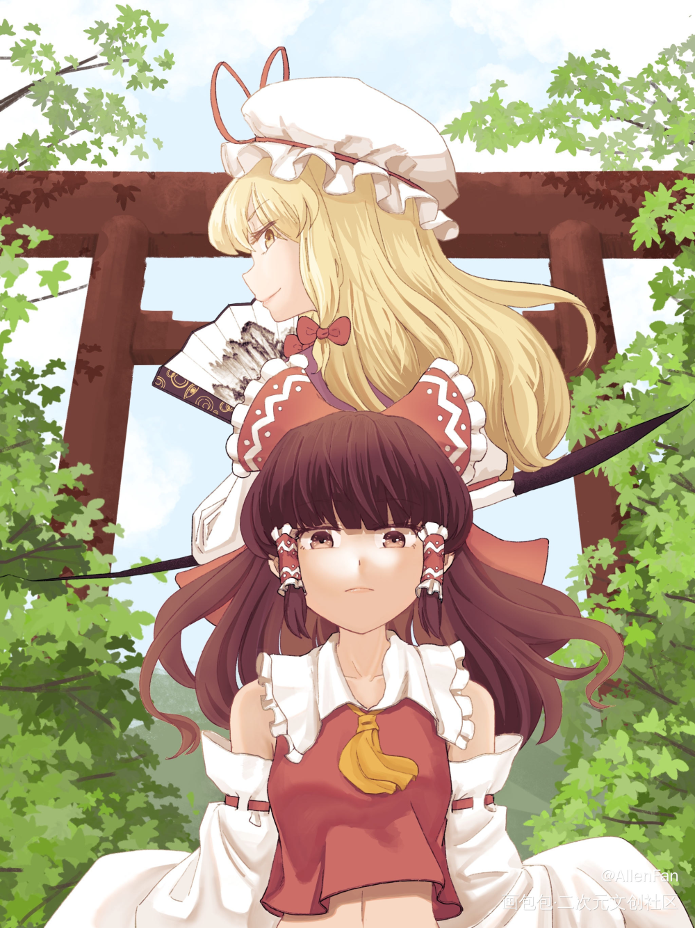鳥居の前_东方project八云紫博丽灵梦插画同人结界组绘画作品