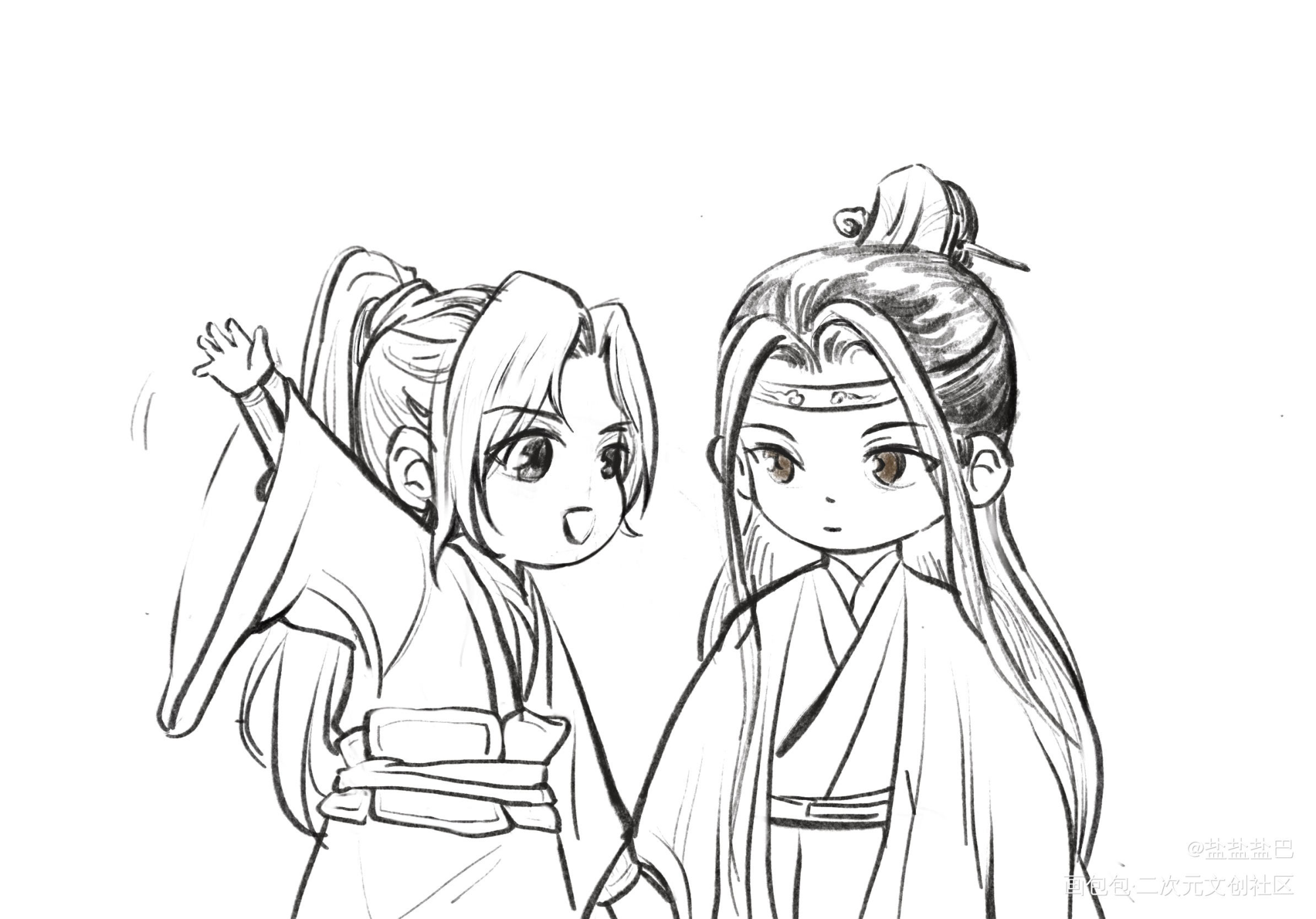 与忘羡偶遇线稿_魔道祖师忘羡Q版绘画作品