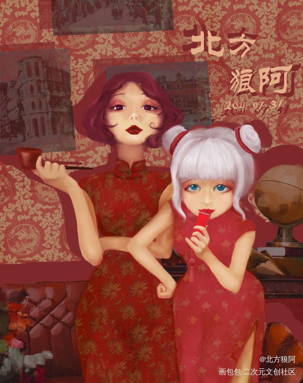 接稿_旗袍求约稿接稿过年板绘绘画绘画作品