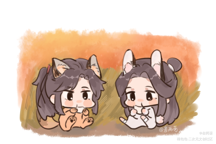 狐狐兔兔恰馒头_天官赐福花怜Q版绘画作品