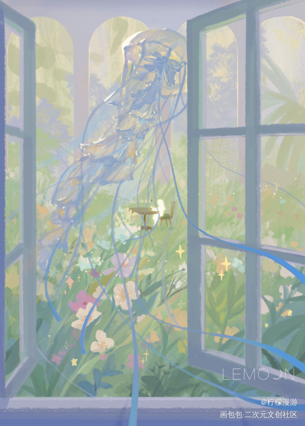 巨大的水母飘进了花房_场景插画我要上首推插画原创插画板绘插画首推原创绘画作品