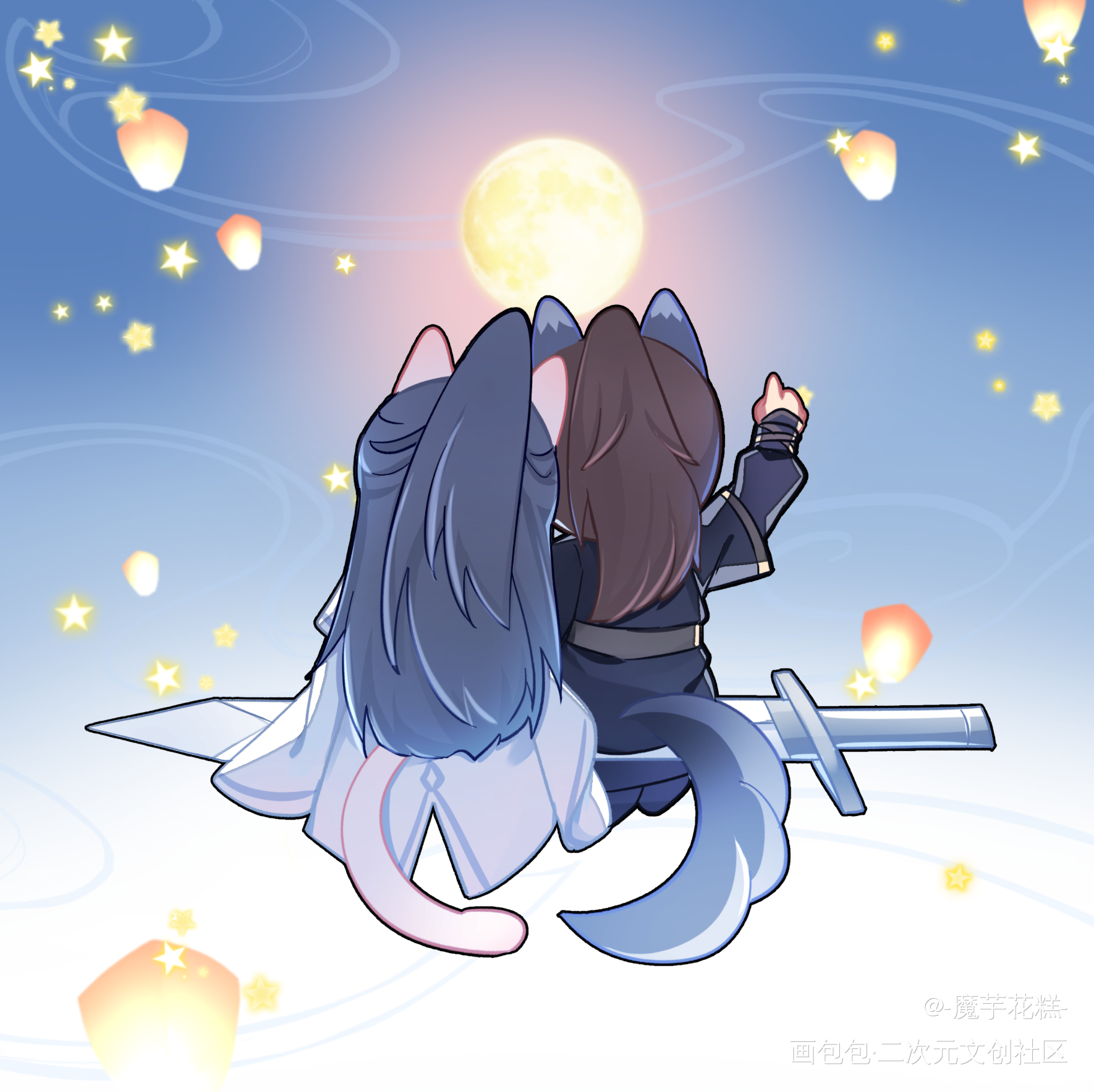 _二哈和他的白猫师尊燃晚墨燃楚晚宁Q版插画同人绘画作品