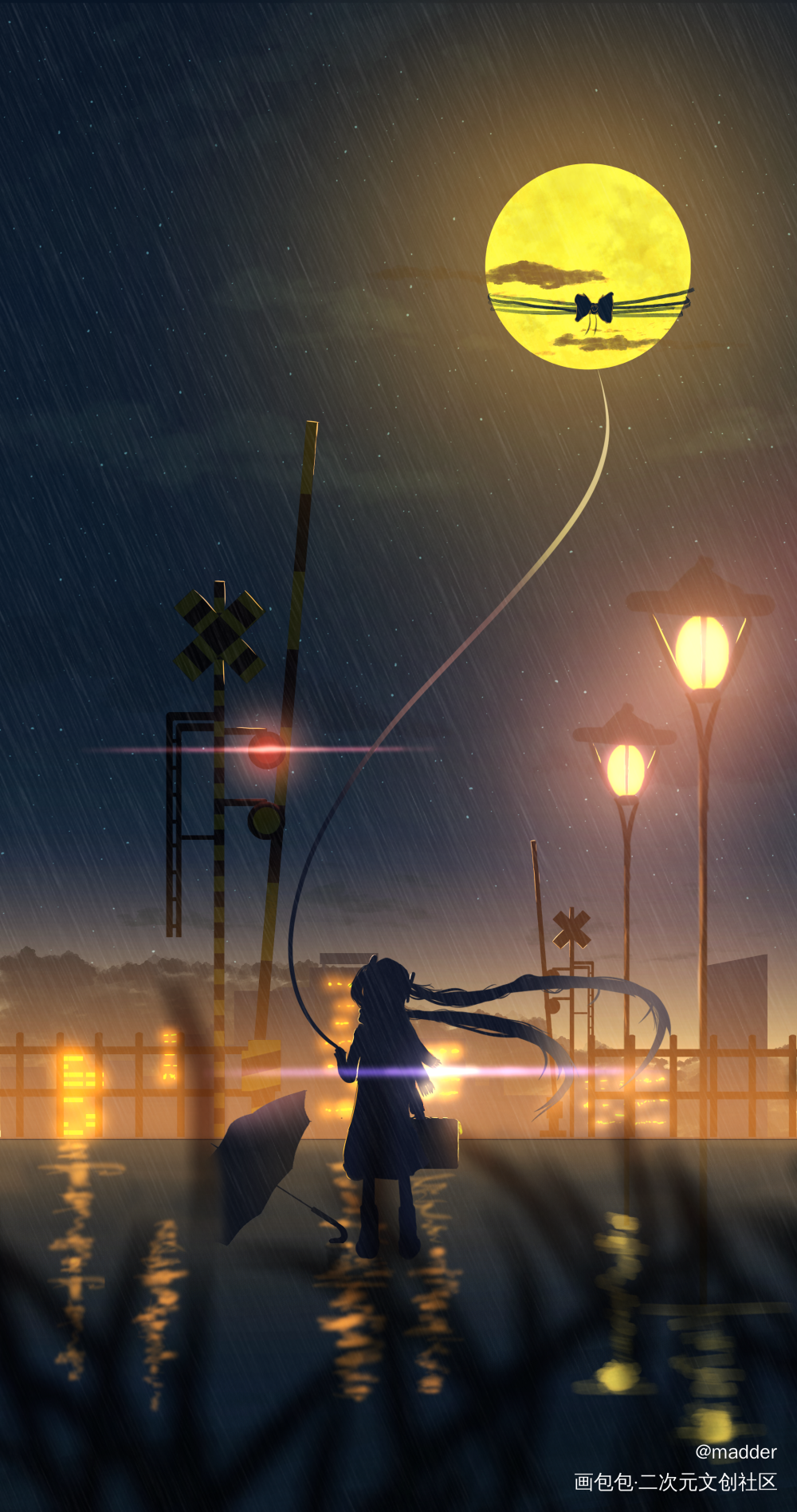 捉住月亮_初音厚涂雨夜景场景板绘绘画作品