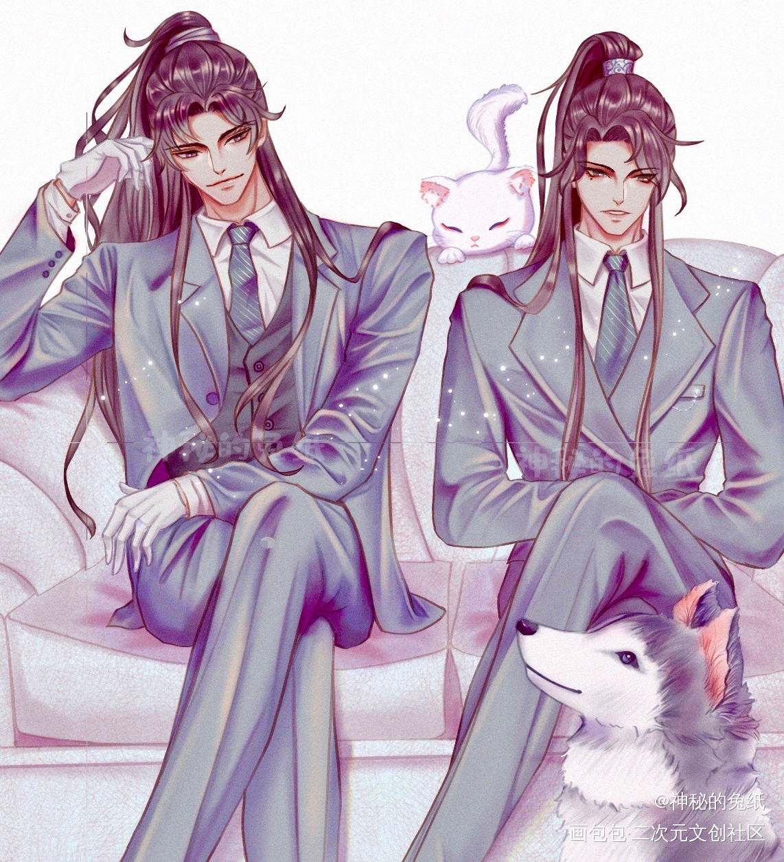 二哈现代pa：是西装的狗子和师_二哈和他的白猫师尊燃晚平涂同人板绘绘画绘画作品