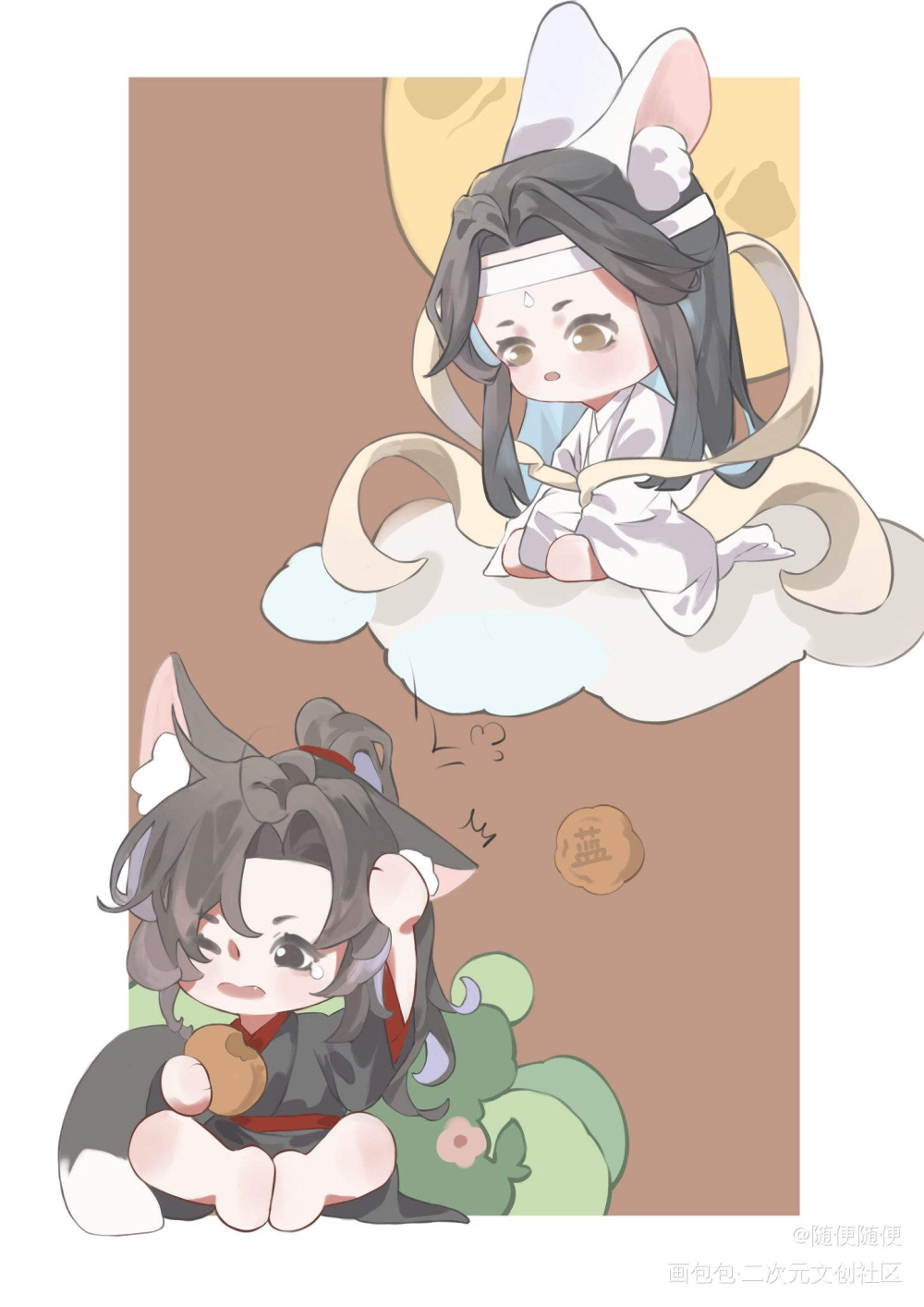 哎呦!谁砸我_魔道祖师忘羡蓝忘机魏无羡古风q版同人绘画作品