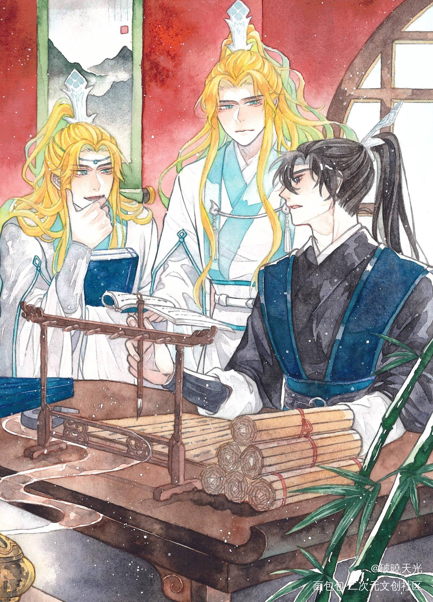 經年_二哈和他的白猫师尊古风水彩雙梅蒙绘画作品