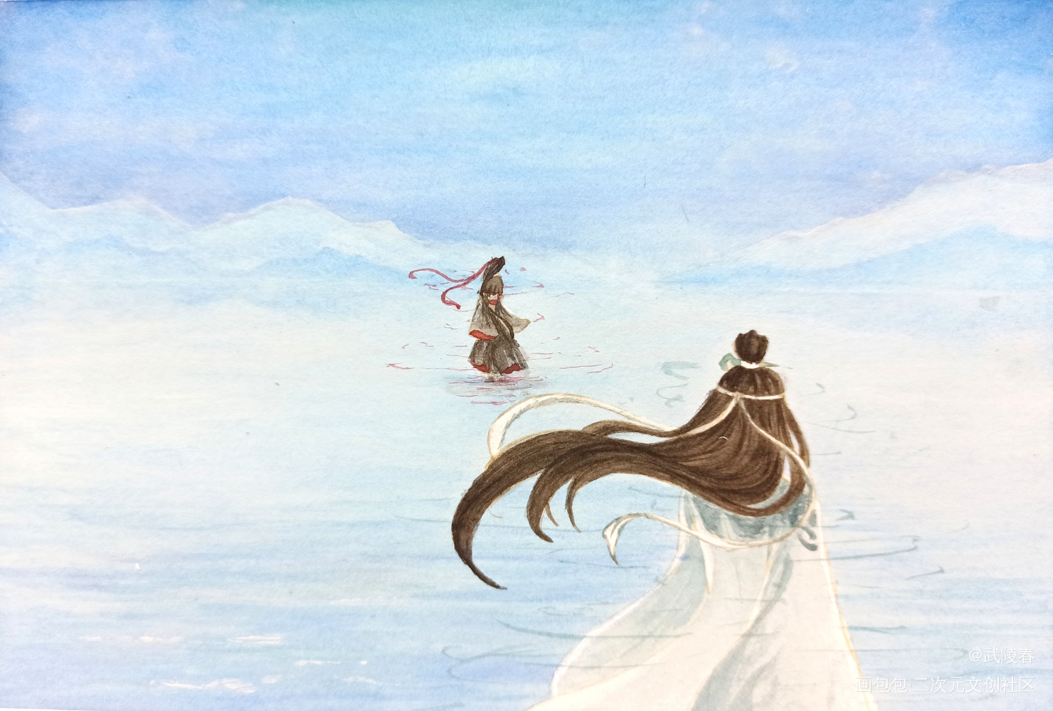 魔道祖师忘羡手绘水彩回校前最后一张带背景的图,我
