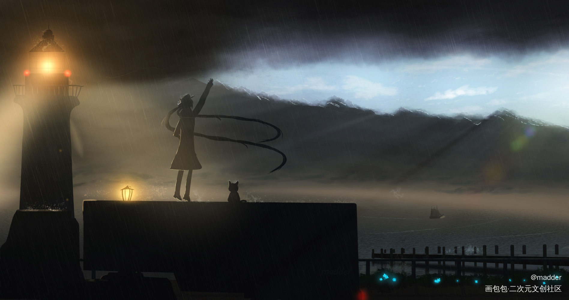 反差_初音手绘厚涂日系雨夜景场景板绘绘画作品