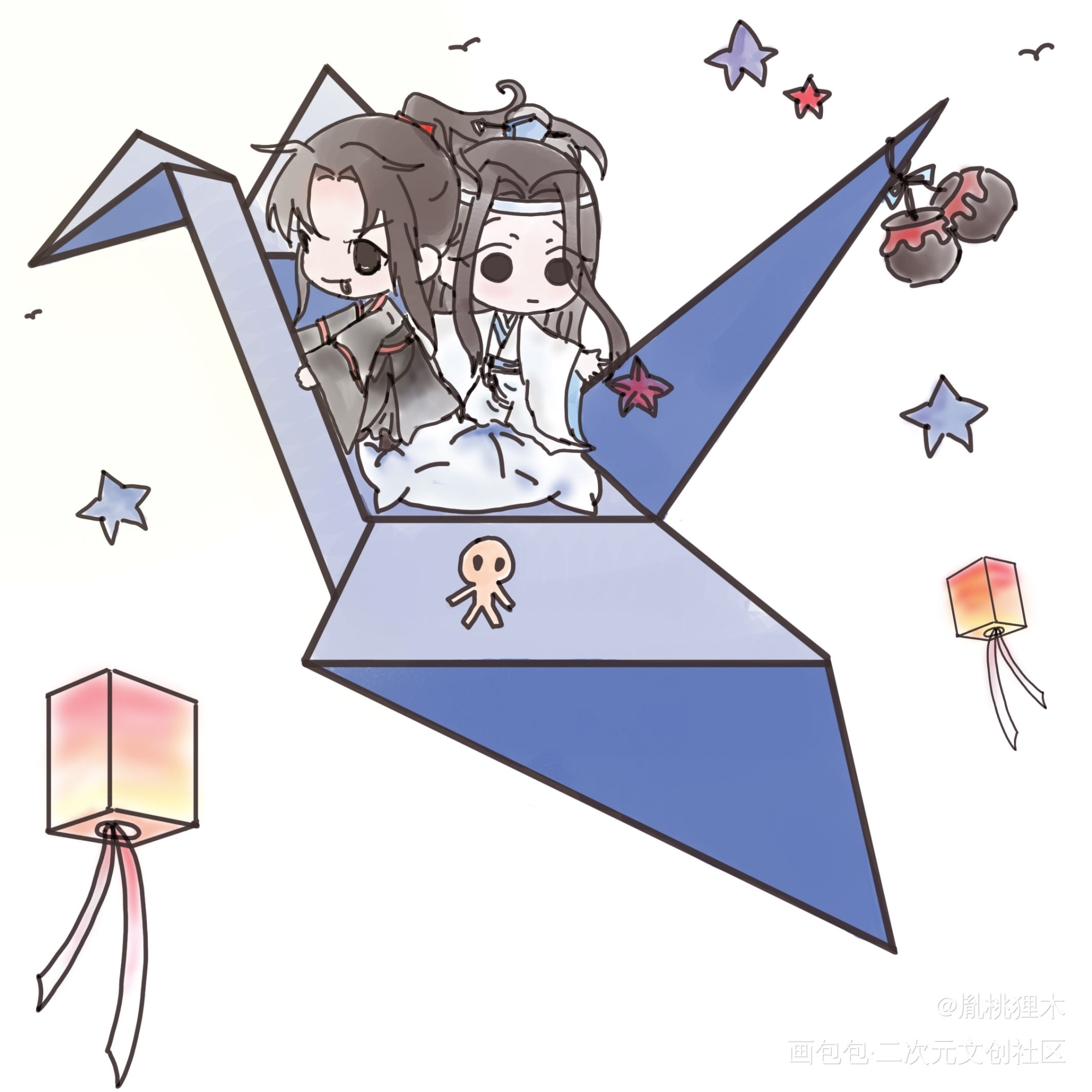 千纸鹤忘羡_魔道祖师忘羡蓝忘机魏无羡Q版模板绘画作品