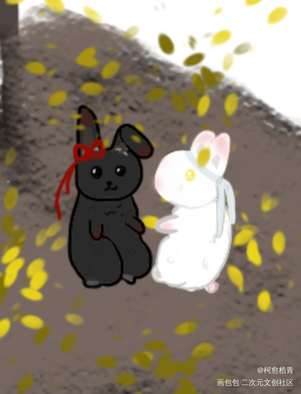 秋天的兔兔～邪魅黑兔和痴情白兔_魔道祖师忘羡手绘墨香铜臭绘画作品