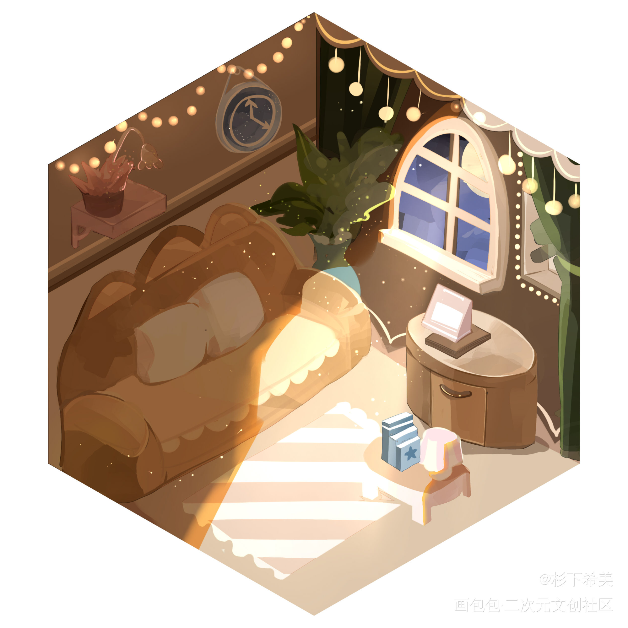 [绘]秋日暖夜小屋_水彩平涂日系我要上首推插画风景板写绘画作品