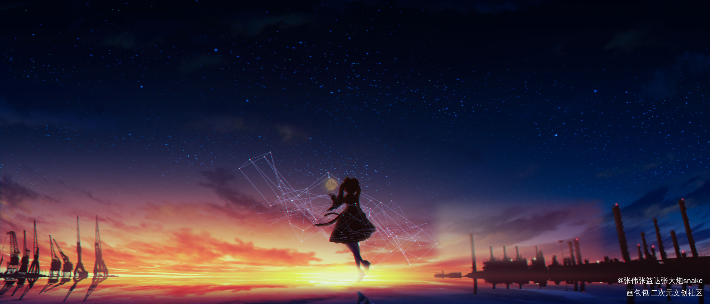 暗夜与朝阳_厚涂日系唯美场景插画原创绘画作品