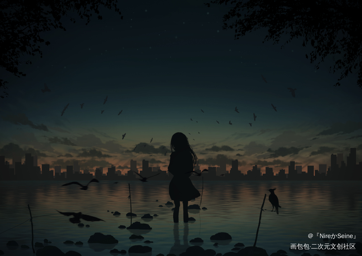 飞鸟_厚涂日系插画风景壁纸板绘绘画作品