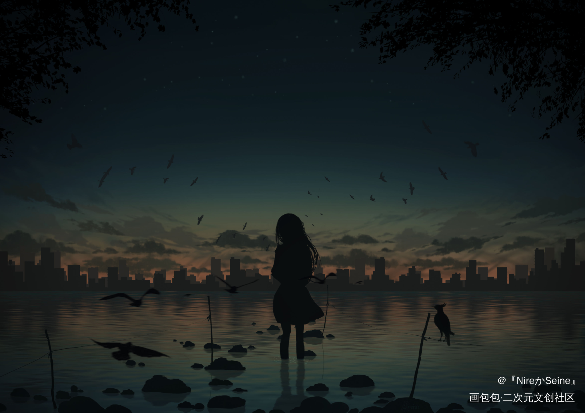 飞鸟_厚涂日系插画风景壁纸板绘绘画作品