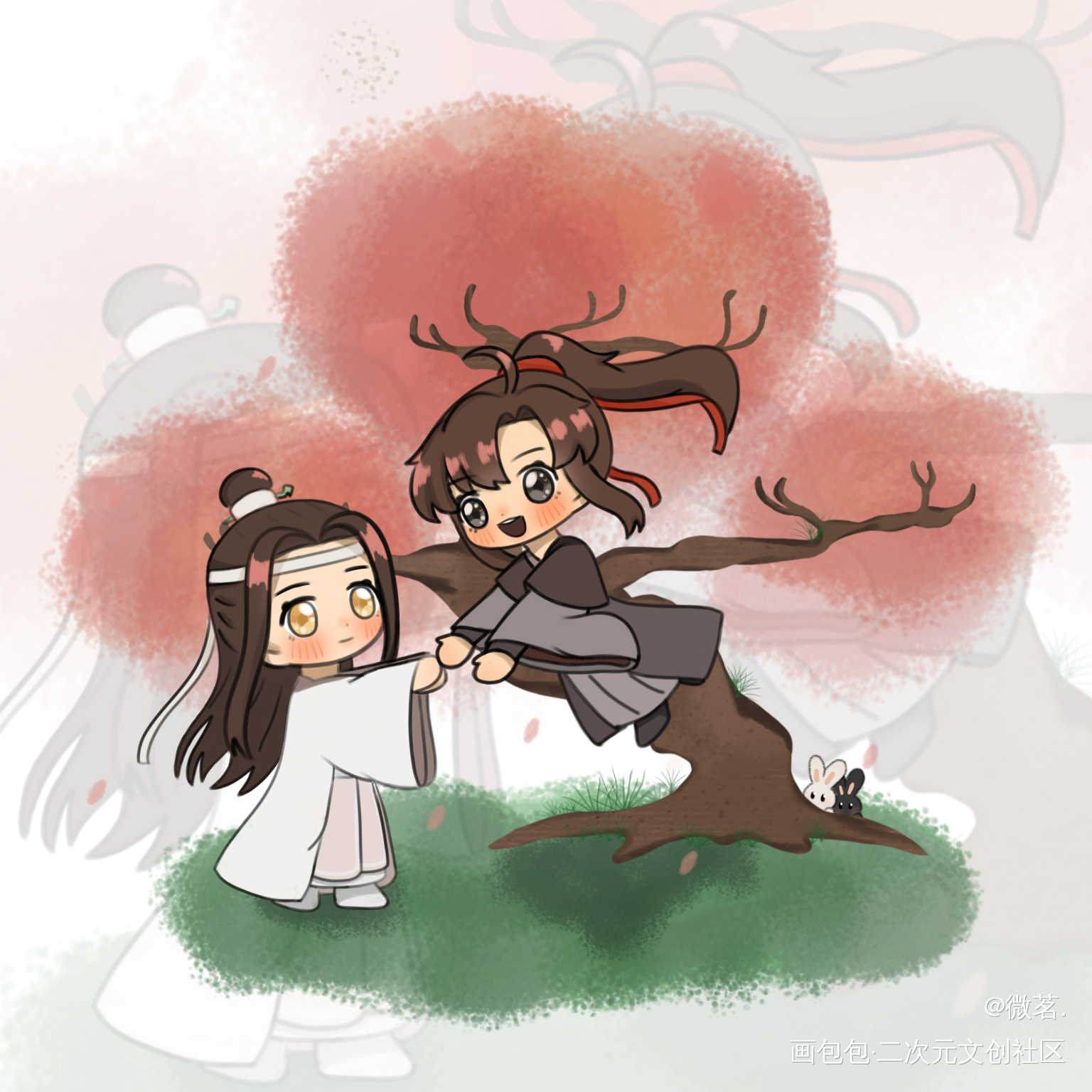 忘羡跳树_魔道祖师忘羡蓝忘机魏无羡平涂Q版绘画绘画作品