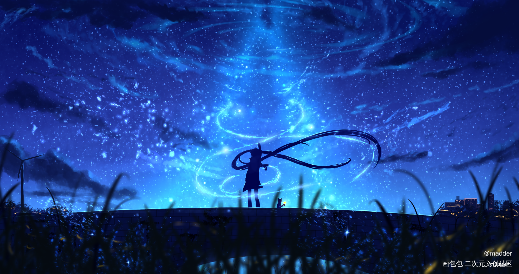 一个来自星空的拥抱_初音手绘厚涂日系萌新场景板绘绘画作品