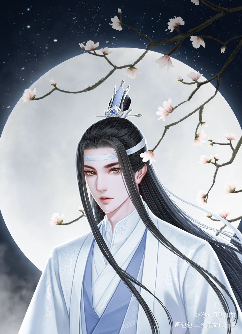 月下再逢_魔道祖师忘羡蓝忘机古风绘画作品