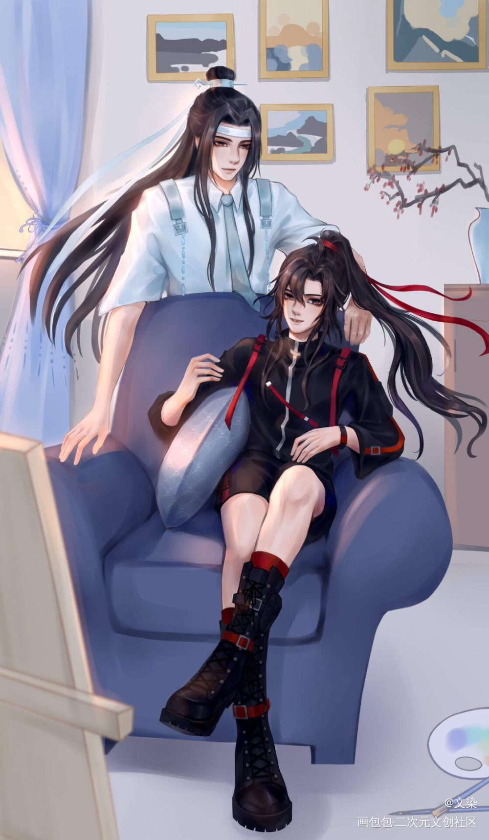 忘羡现代装_魔道祖师忘羡板绘绘画作品