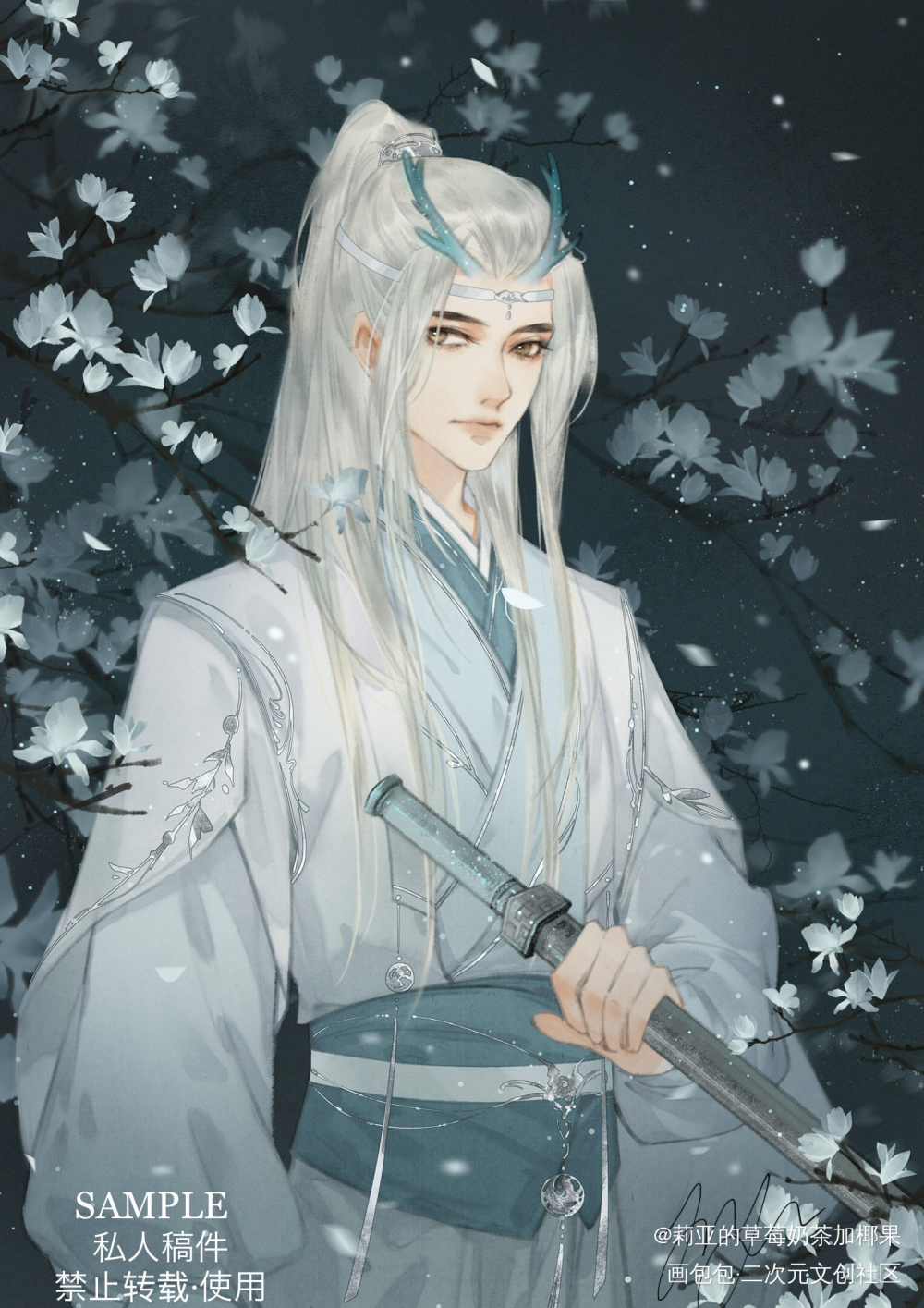 蓝忘机生贺图（约稿）_魔道祖师蓝忘机古风绘画作品