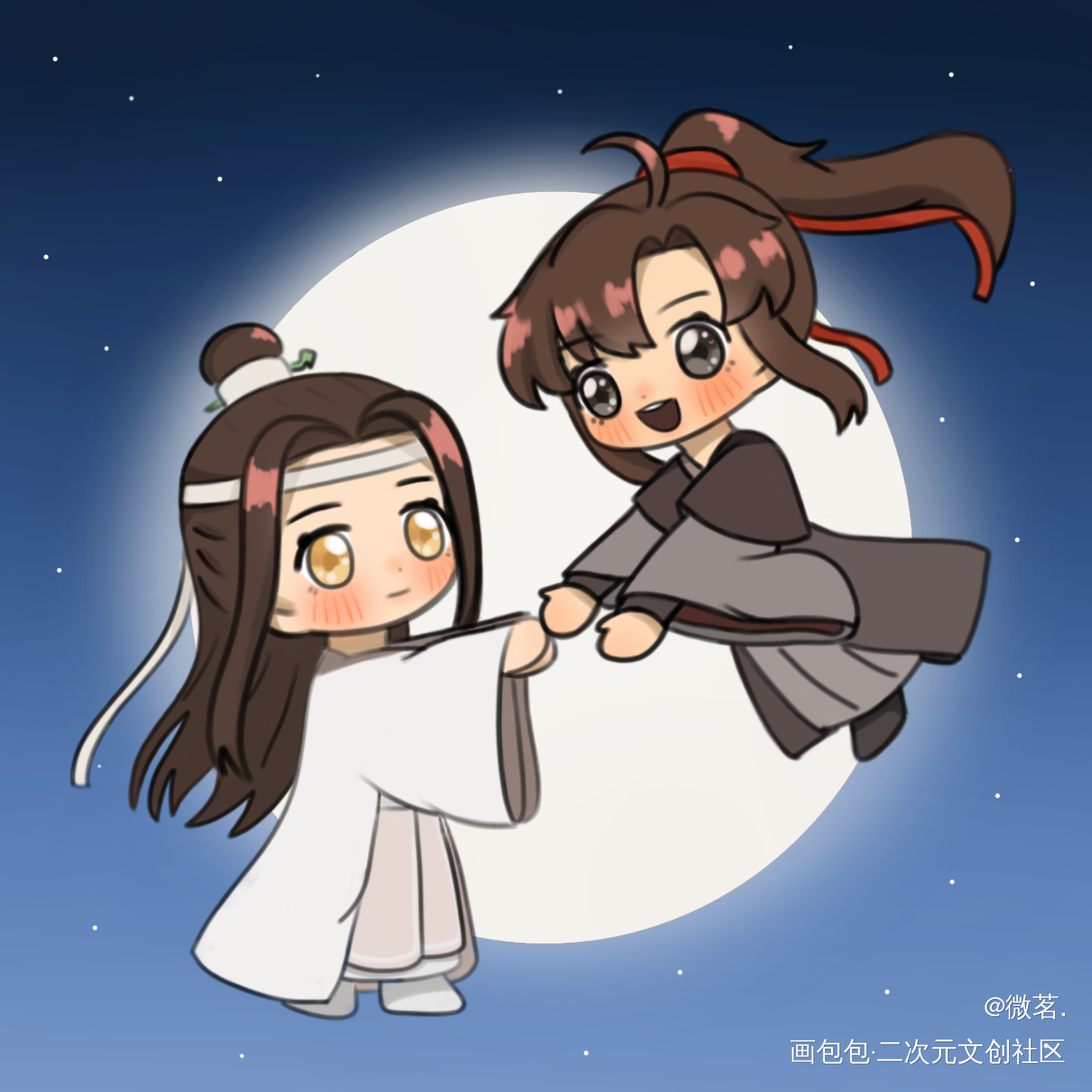 忘羡月下拥抱_魔道祖师忘羡蓝忘机魏无羡Q版绘画绘画作品