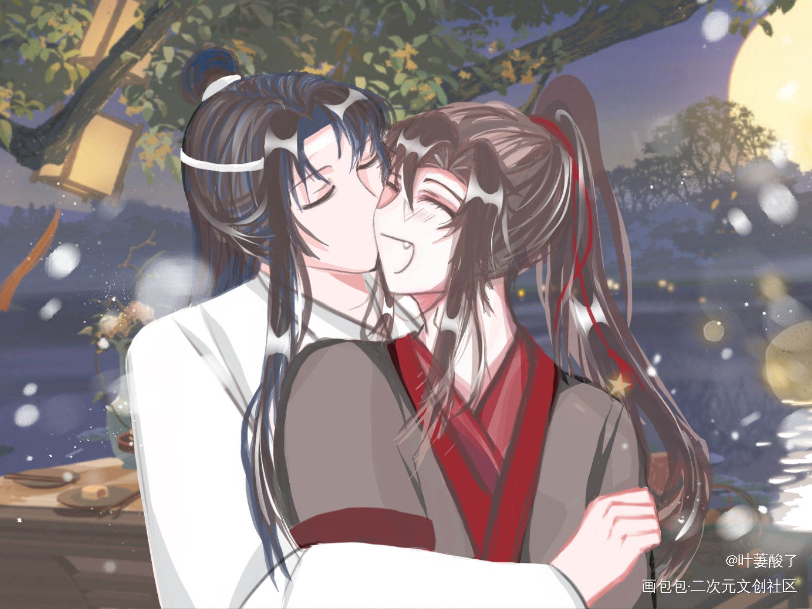 忘羡贴贴！_魔道祖师蓝忘机魏无羡手绘古风平涂我要上首推同人绘画作品