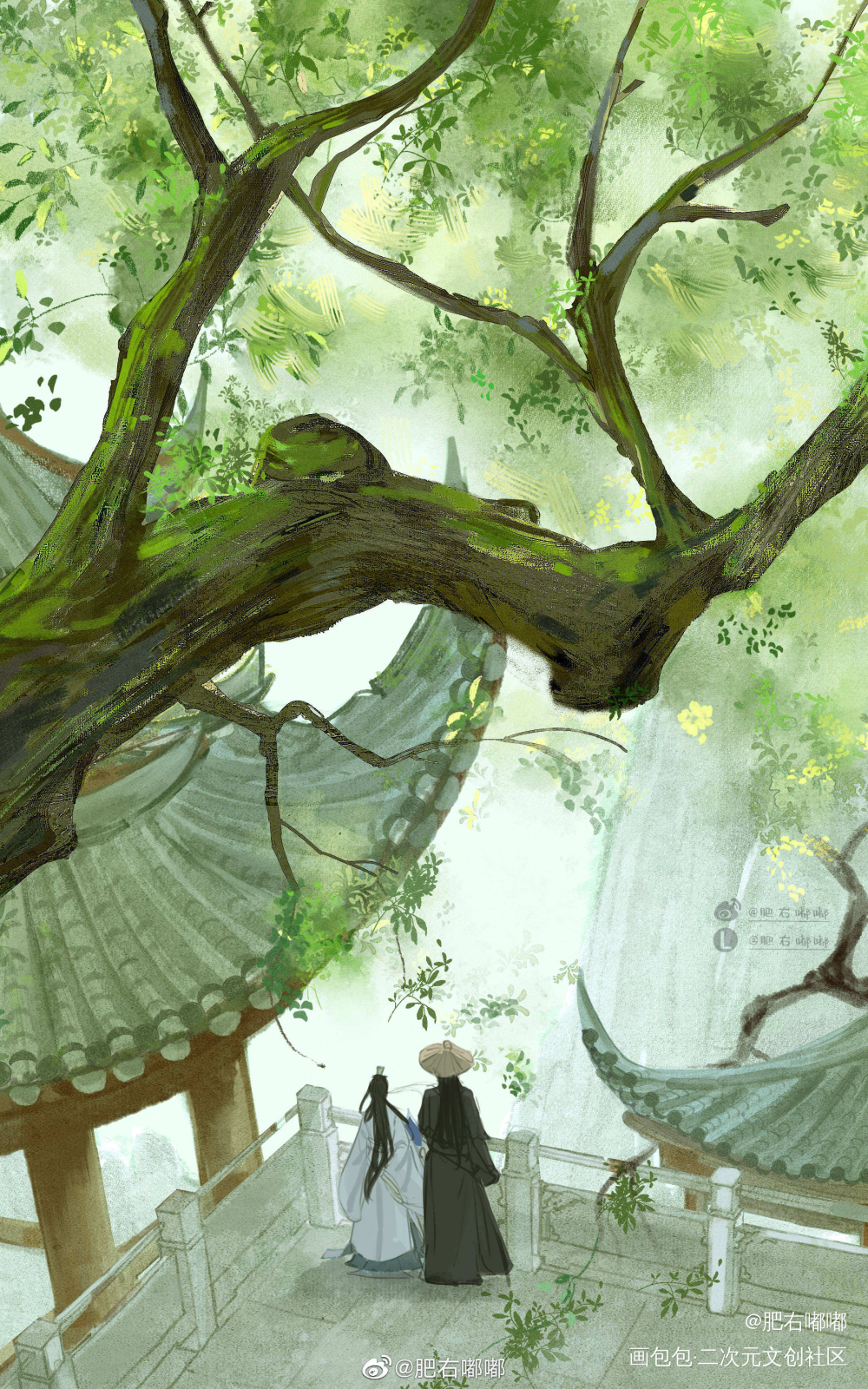 《春三月》_将进酒松玉水墨古风水彩场景绘画作品