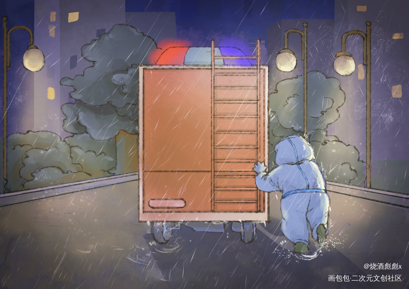 雨夜推车送核酸_Q版绘画作品