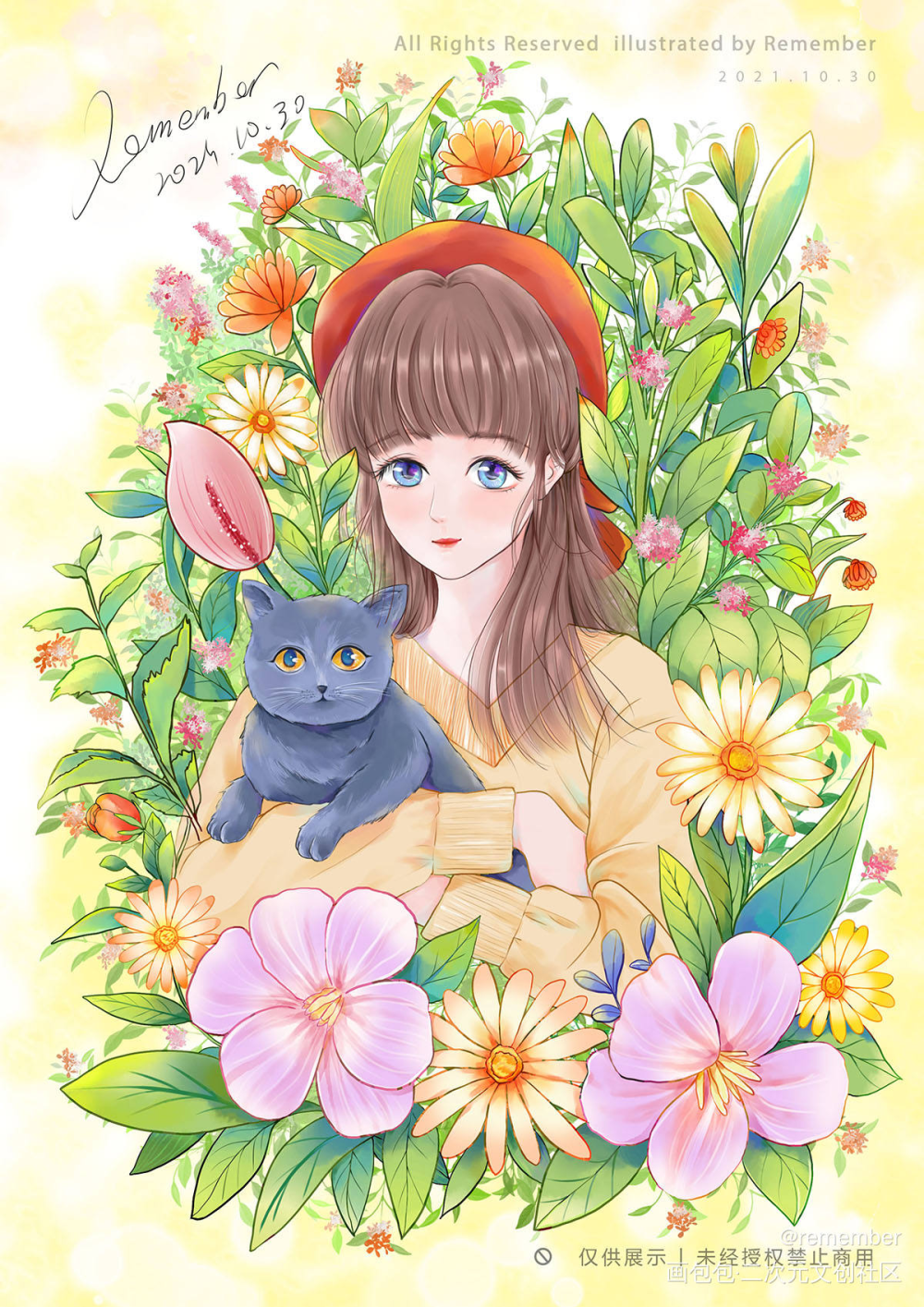 抱猫少女_我要上首推插画原创绘画作品