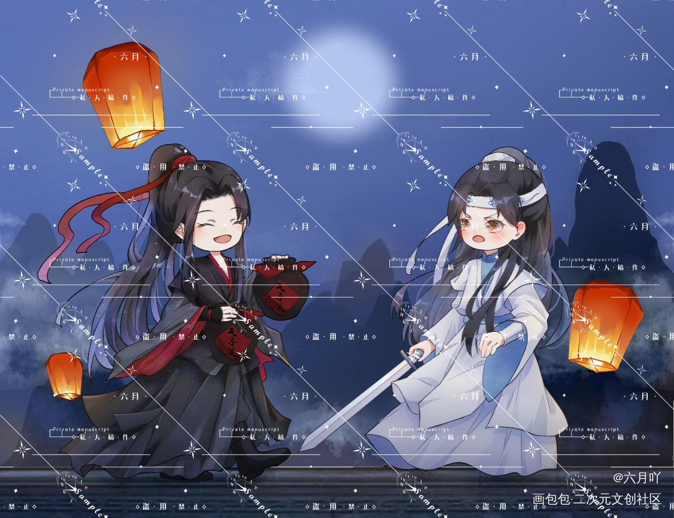 天子笑，分你一坛！_魔道祖师忘羡蓝忘机魏无羡Q版绘画作品