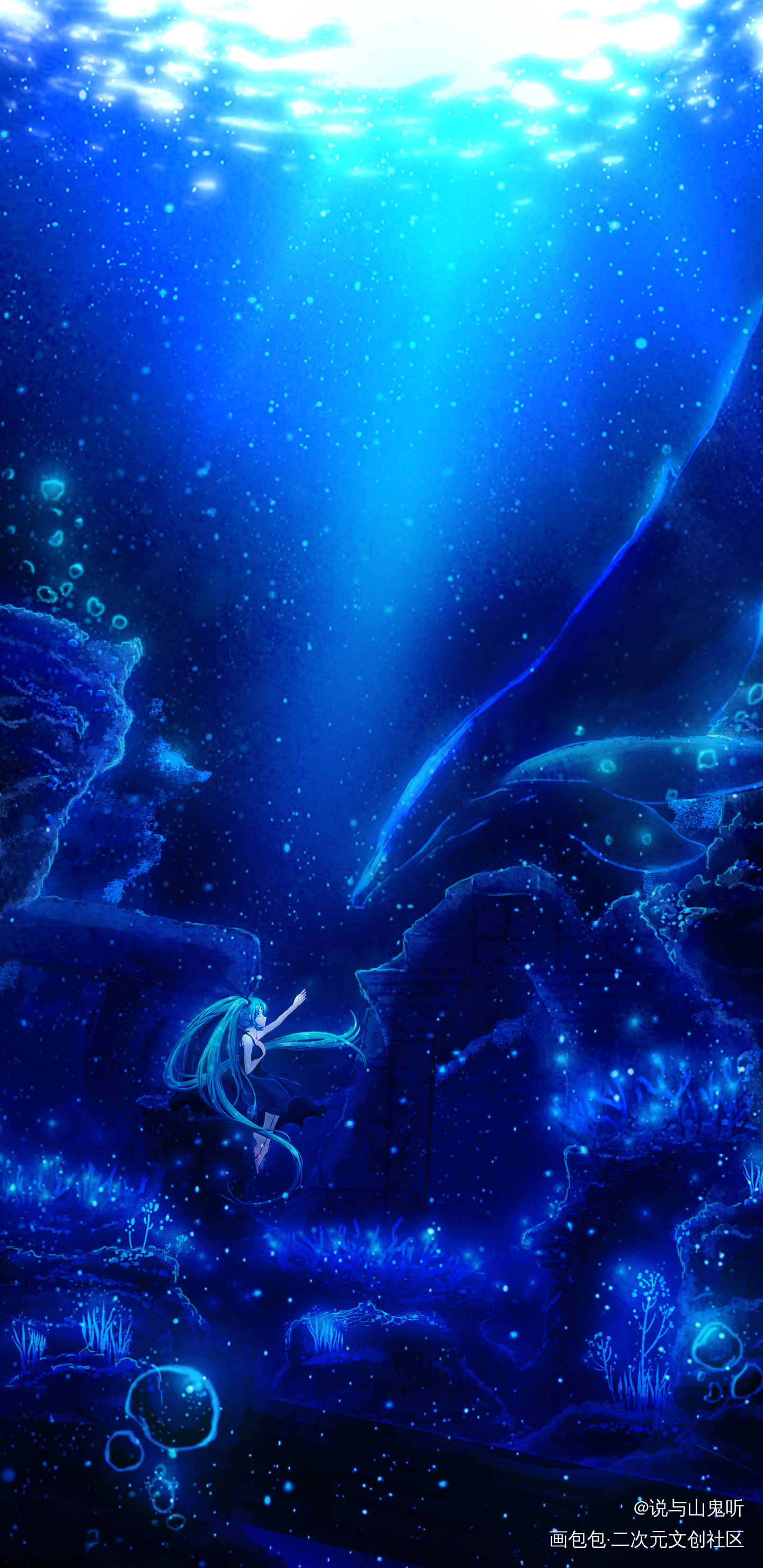 沉溺于海_miku日系插画初音miku绘画作品