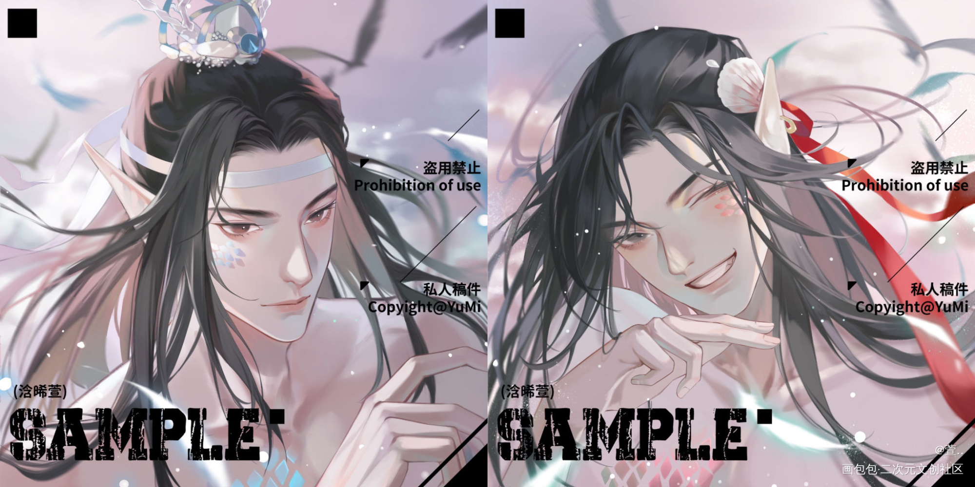 他来留我看斜阳，放起鳞鳞细浪_魔道祖师忘羡蓝忘机魏无羡绘画作品