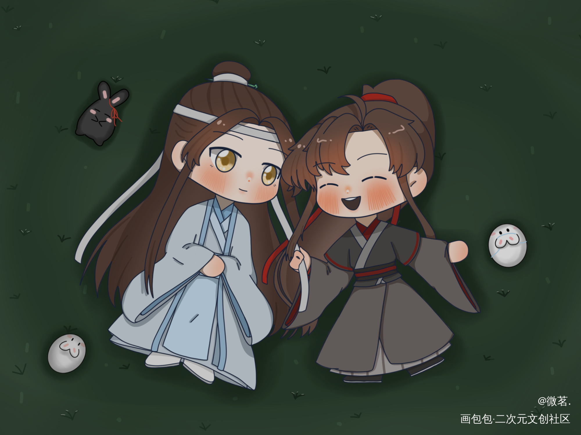 草地上夜谈_魔道祖师忘羡蓝忘机魏无羡绘画作品