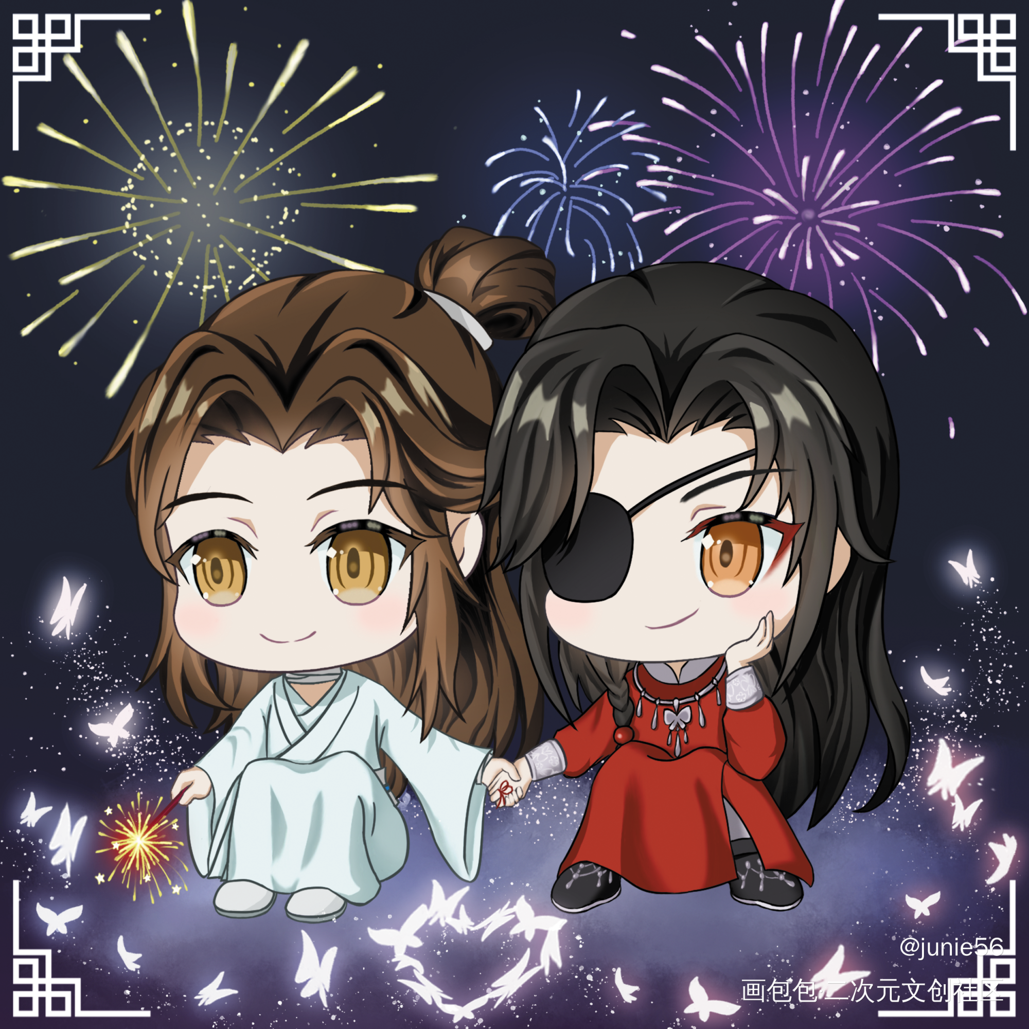 是爱心银蝶呀_天官赐福花怜日系Q版绘画作品