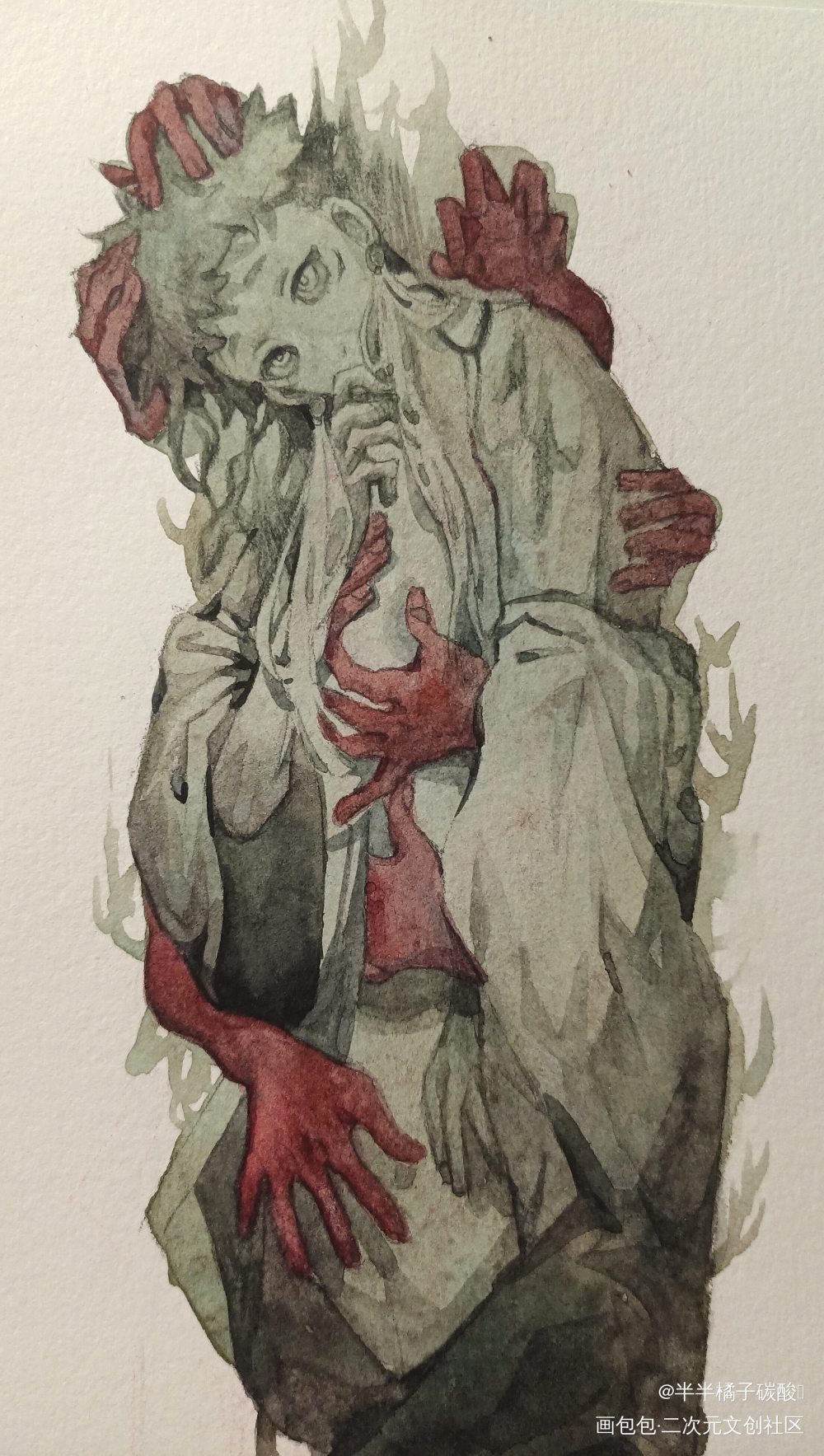 放个原图，不修了_咒术回战虎杖悠仁手绘水彩插画摸鱼绘画作品