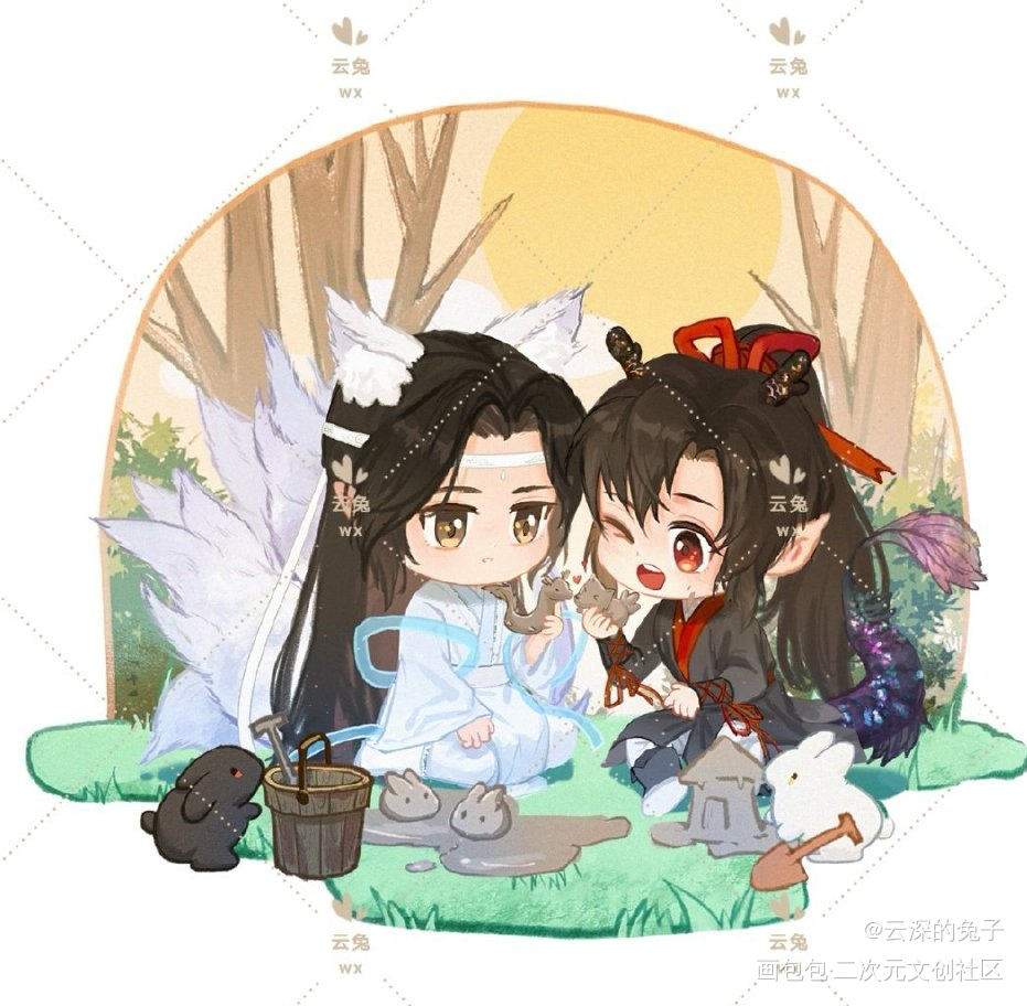 九尾白狐叽黑龙羡_魔道祖师忘羡蓝忘机魏无羡q版绘画作品