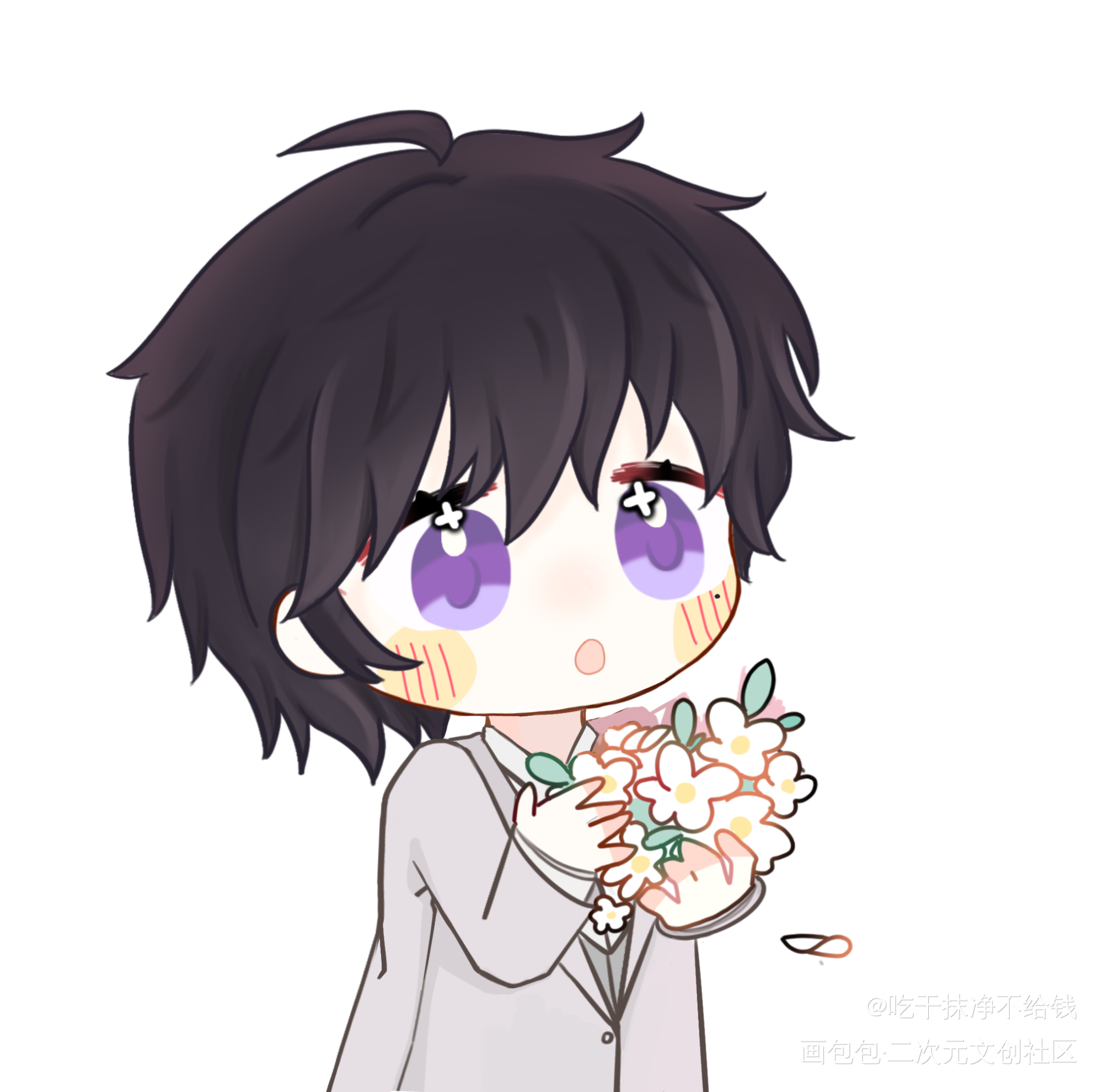 还有个捧着小花花的俞哥_伪装学渣谢俞Q版绘画作品