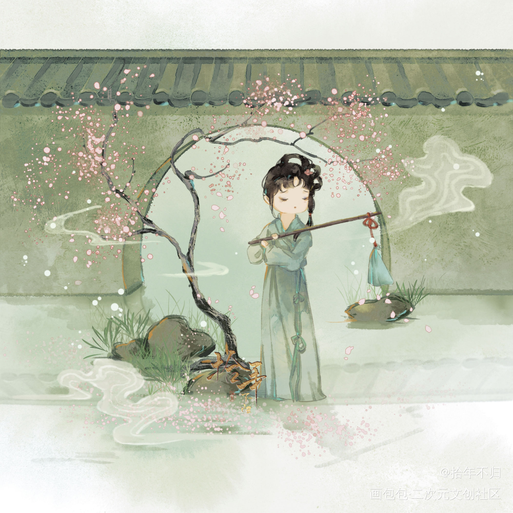 黛玉葬花_古风水彩Q版绘画作品