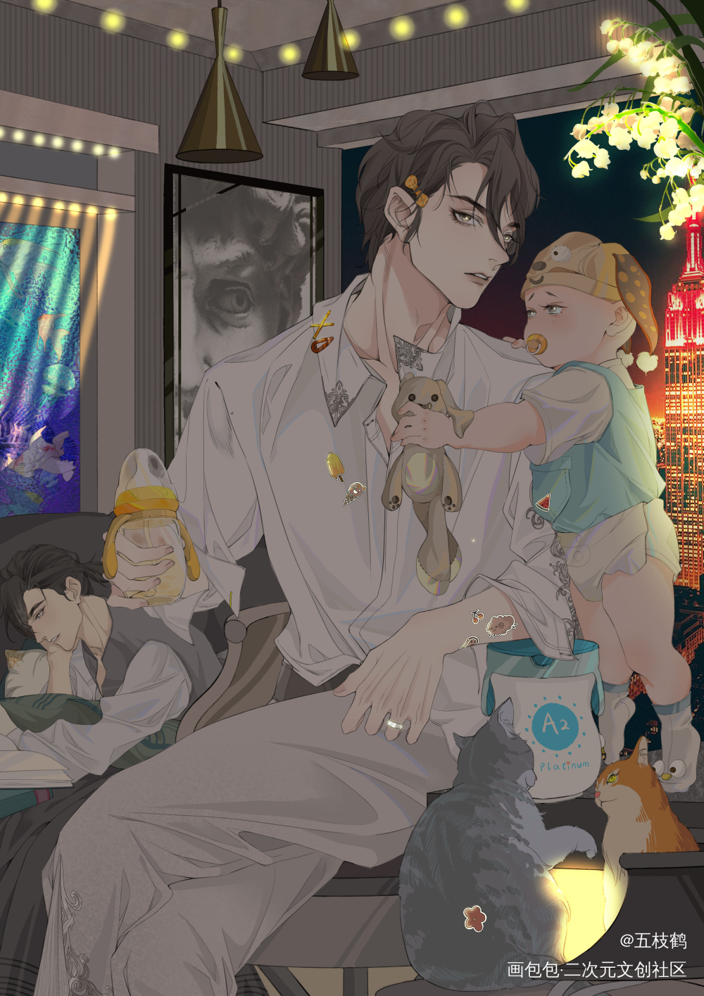 严江带娃记_破云严江绘画作品