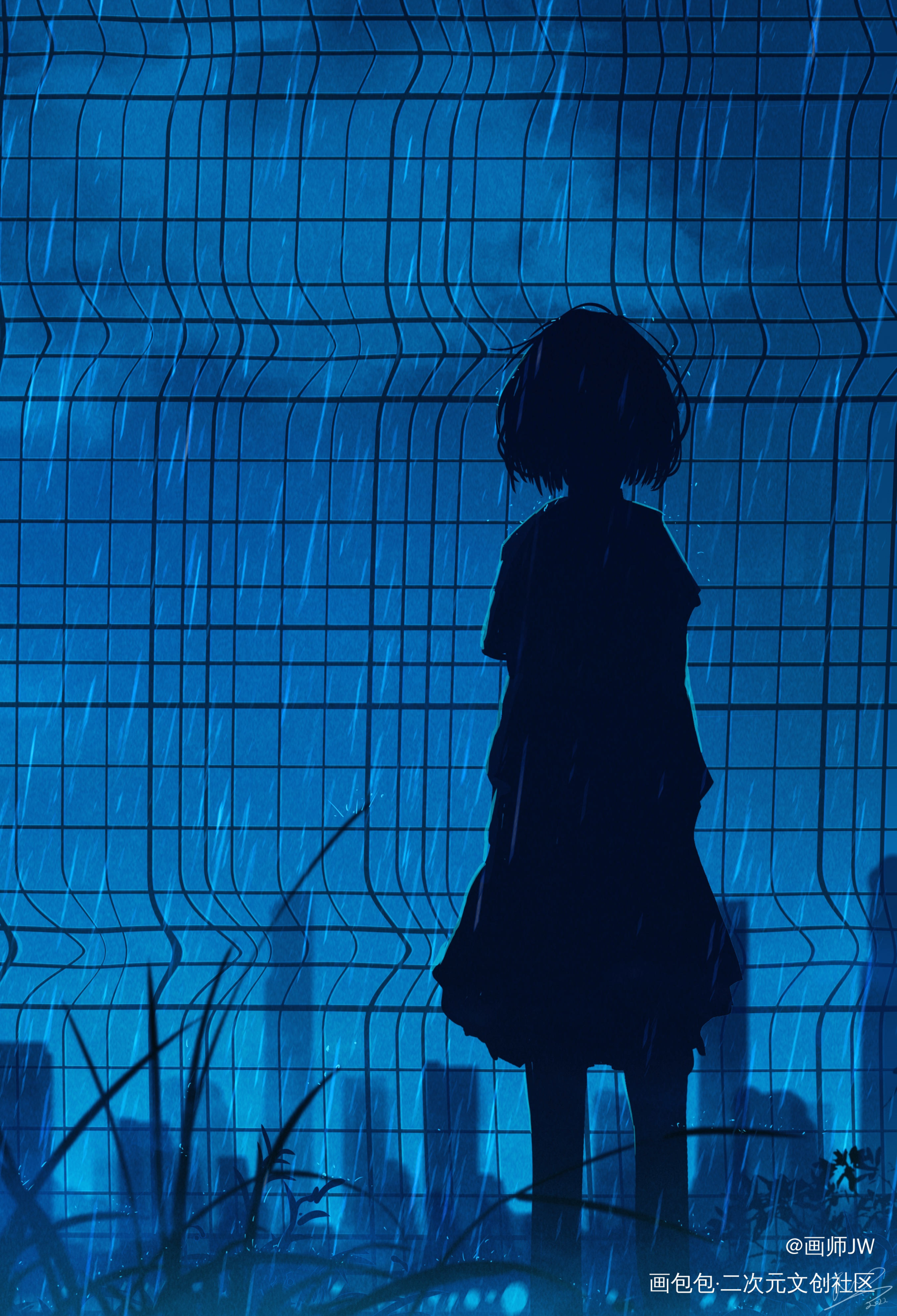 有人祈雨，有人等雨停。_手绘厚涂日系插画孤寂少女风景板绘插画绘画原创绘画作品