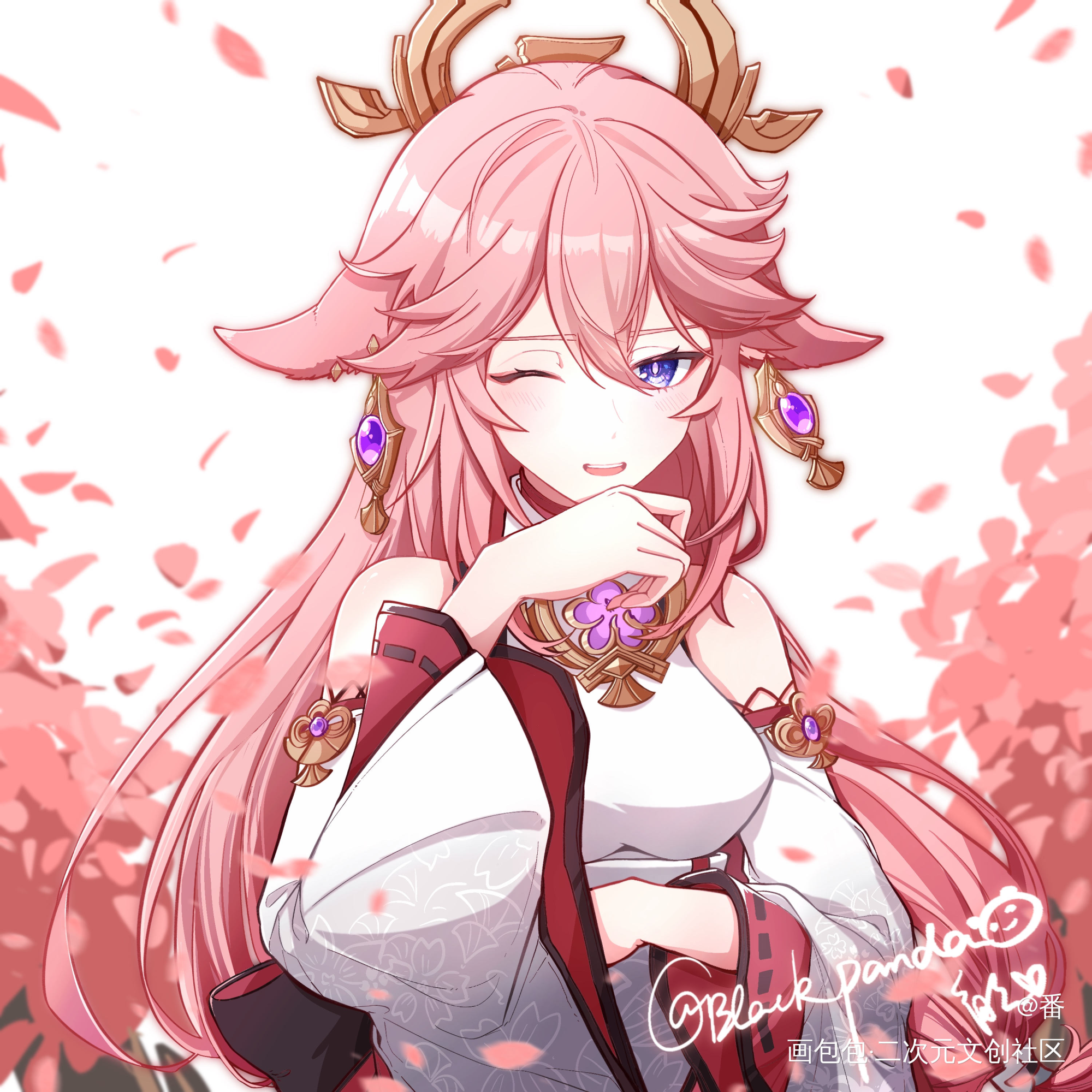 可是她对我笑诶_原神八重神子绘画作品