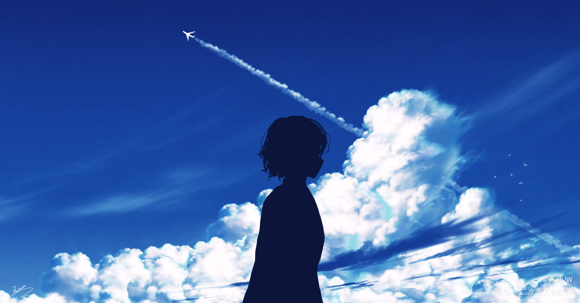 静空_手绘厚涂日系插画孤寂少女风景板绘插画壁纸绘画原创绘画作品