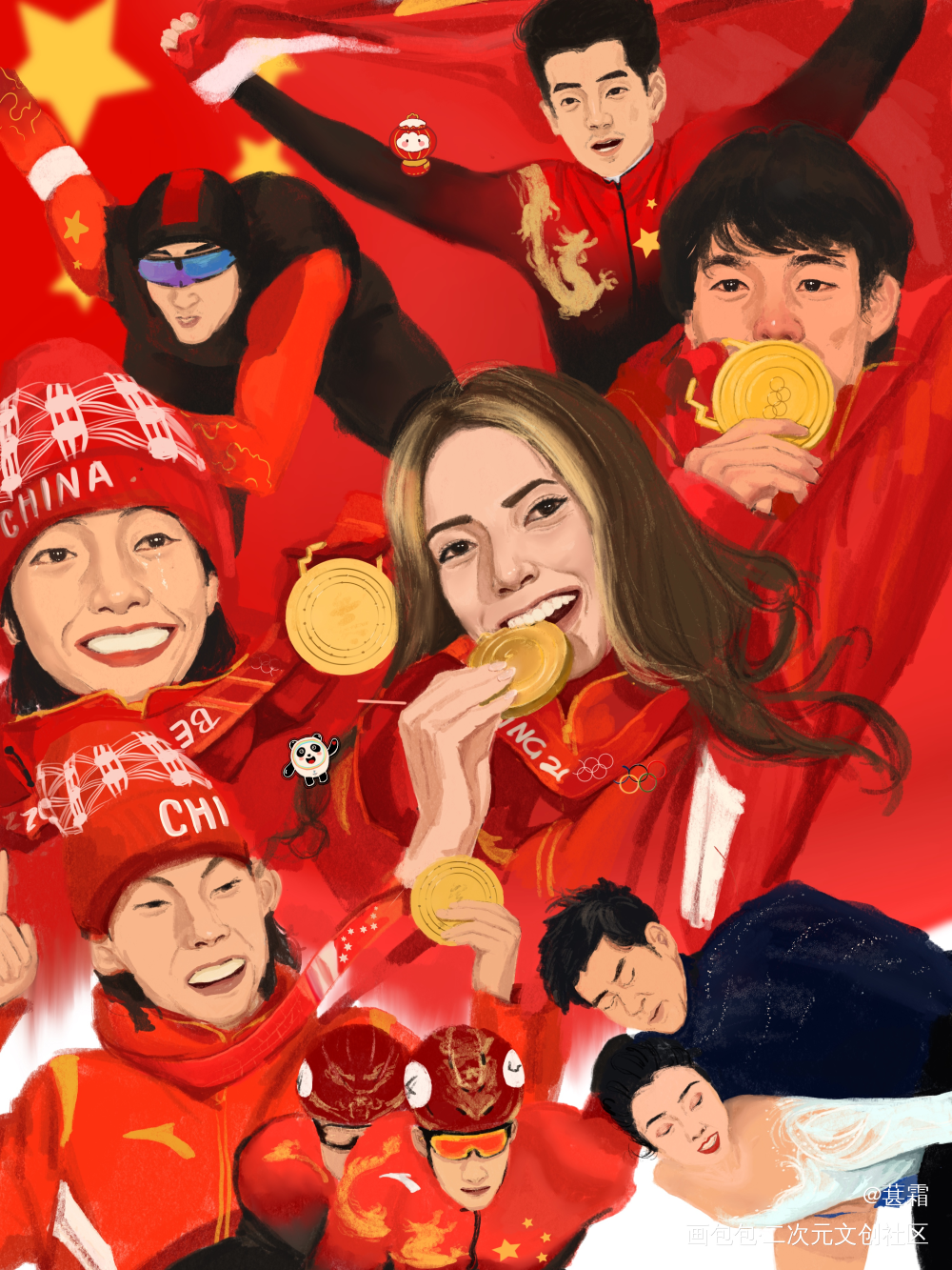 中国队集齐九宫格！?️_插画北京冬奥会绘画原创绘画作品